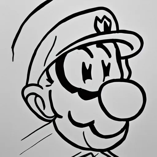 Image similar to continuous single line contour - drawing of supermario, pen on white paper