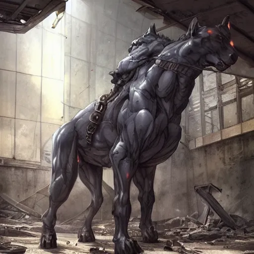 Image similar to a hyper - muscular anthro horse wearing a tactical bodysuit standing in the ruins of a facility, equine, hulking body, dynamic pose, highly detailed, digital painting, artstation, concept art, illustration by artgerm, greg rutkowski, makoto shinkai