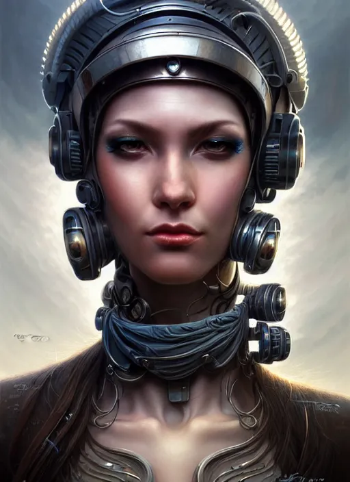 Image similar to closeup portrait shot of cyber girl wearing a bandana in a scenic dystopian environment, intricate, elegant, highly detailed, centered, digital painting, artstation, concept art, smooth, sharp focus, illustration, artgerm, tomasz alen kopera, peter mohrbacher, donato giancola, joseph christian leyendecker, wlop, boris vallejo