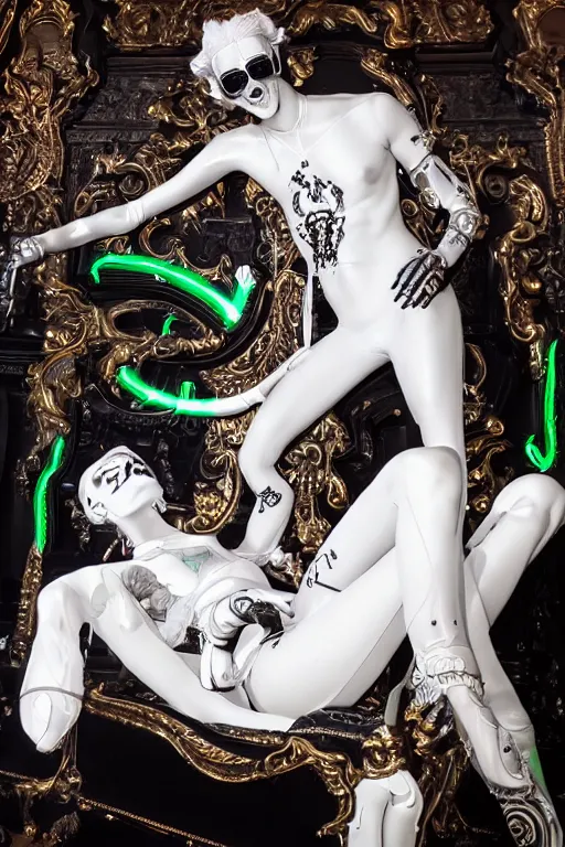 Image similar to full-body rococo and cyberpunk style neon statue of a young attractive Tanner Buchanan wearing cholo shades macho android sim roupa reclining con las piernas abertas, glowing white lasers, glowing eyes, white prince crown, black gears, diamonds, swirling mint-colored silk fabric. futuristic elements. full-length view. human skulls. large intricate artwork by caravaggio. Trending on artstation, octane render, cinematic lighting from the right, hyper realism, octane render, 8k, depth of field, 3D