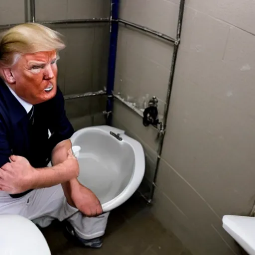 Image similar to a disheveled Trump in prison clothing sitting on a jail cell toilet crying. wide angle. The floor is grimy. candid photograph.