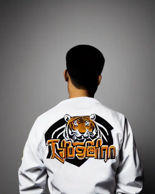 Image similar to photo back of a man wearing baseball jacket with a big tiger embrodery, irezumi, dark hangar background, centered, studio lighting, 1 5 0 mm