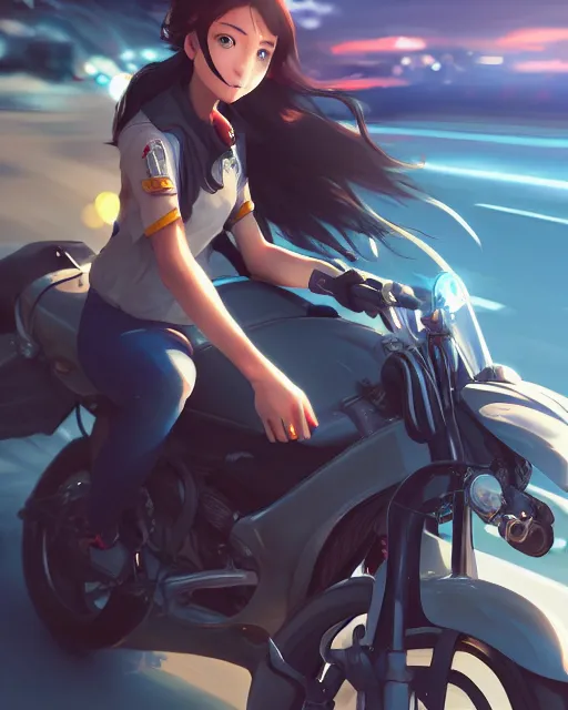 Prompt: a girl riding a motorcycle, full shot, atmospheric lighting, detailed face, by makoto shinkai, stanley artgerm lau, wlop, rossdraws