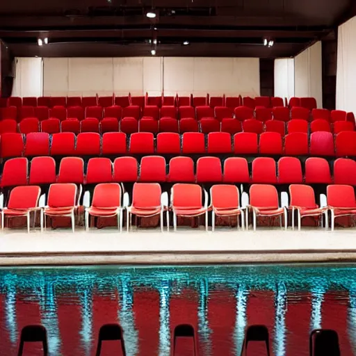 Prompt: a opera scenography of a mountain of old chairs over a pool of red water.