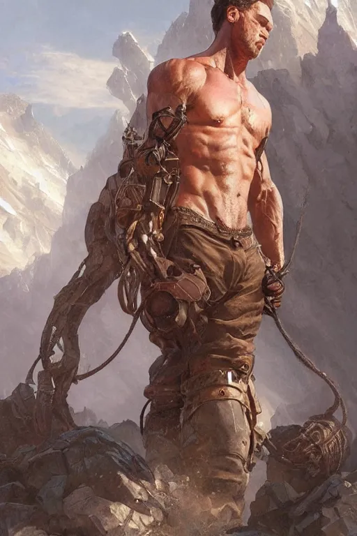 Image similar to portrait of a rugged shiny oil rigger, muscular, upper body, hairy torso, D&D, fantasy, intricate, elegant, highly detailed, digital painting, artstation, concept art, matte, sharp focus, illustration, art by Artgerm and Greg Rutkowski and Alphonse Mucha