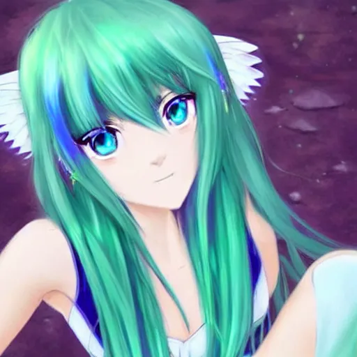 Image similar to beautiful, green haired, anime girl, blue eyes, fairy wings