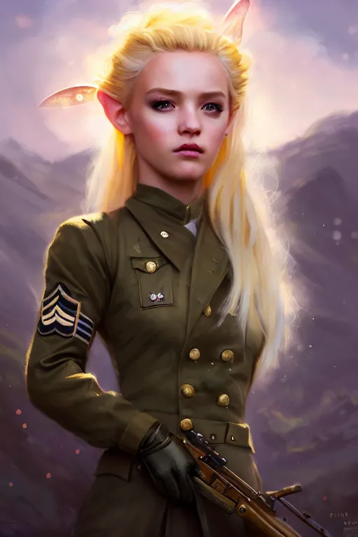 Image similar to cinematic shot of an epic portrait of a cute blonde fairy dressed in military clothes, stylised military clothes, shiny skin, beautiful eyes, beautiful, small details, night setting, realistic poster with volumetric light from craig mallism, artgerm, jeremy lipkin and michael garmash, unreal engine, radiant light, digital art, trends at art station, a masterpiece