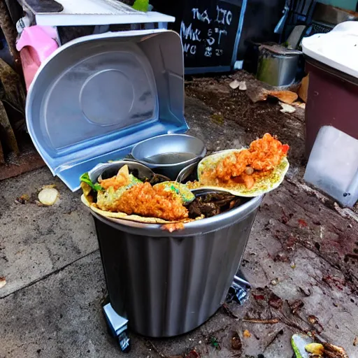 Image similar to the most disgusting tacos in the world served in a trashcan lid with worms, dirt, filth.