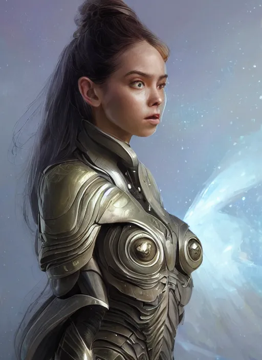 Image similar to a professional painting of a beautiful young female alien, clothed in ethereal armor, olive skin, long dark hair, beautiful bone structure, symmetrical facial features, intricate, elegant, digital painting, concept art, smooth, sharp focus, illustration, from Valerian and the City of a Thousand Planets, by Ruan Jia and Mandy Jurgens and Artgerm and William-Adolphe Bouguerea