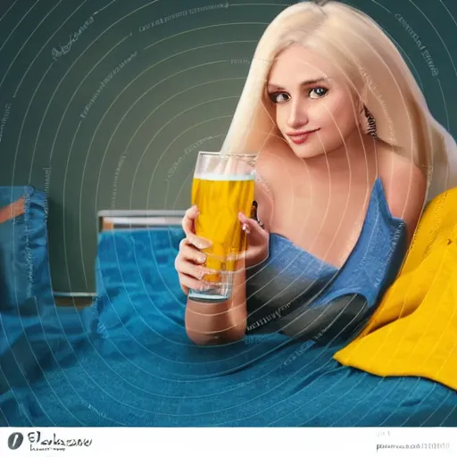 Image similar to hot tired girl yellow hair laying on bed blue blanket drinking bottle of beer relaxed seductive looking at you hand outstretched