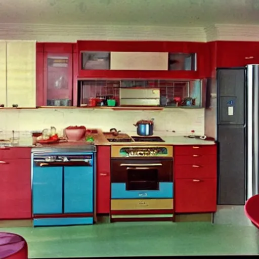 Image similar to a smart home kitchen in 1 9 7 4 color