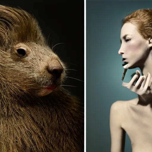 Image similar to Kodak Portra 400, 8K, soft light, volumetric lighting, highly detailed, britt marling style 3/4 , fine art portrait photography by Paolo Roversi, a Marmot smoking a cigarette, symbolic metamorphosis complex 3d render , 150 mm lens, art nouveau fashion embroidered, bust with intricate underwaters details, elegant, hyper realistic, ultra detailed, octane render, underwater soft colours, emotionally evoking, head in focus, fantasy, elegant, soft light, volumetric lighting, highly detailed, Refined, Highly Detailed, soft lighting colors scheme, fine art photography, Hyper realistic, photo realistic