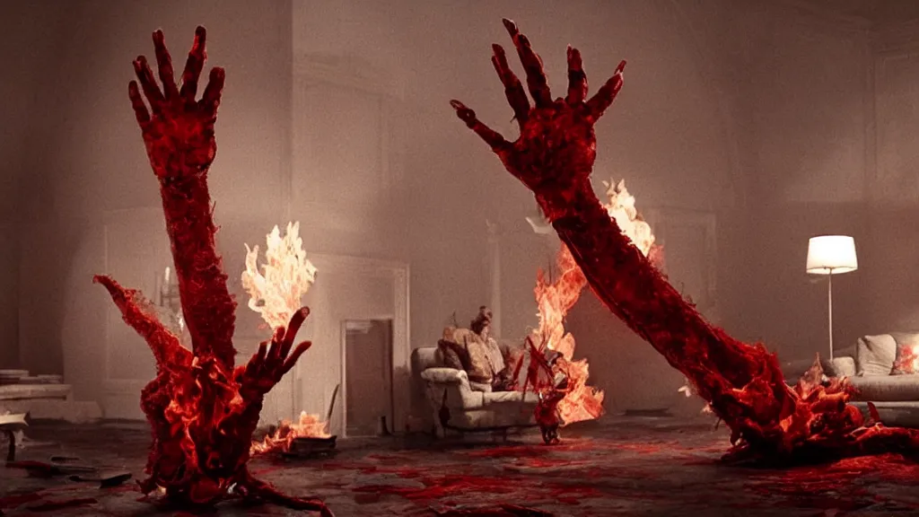 Image similar to a giant hand made of blood and fire floats through the living room, film still from the movie directed by Denis Villeneuve with art direction by Salvador Dalí, wide lens