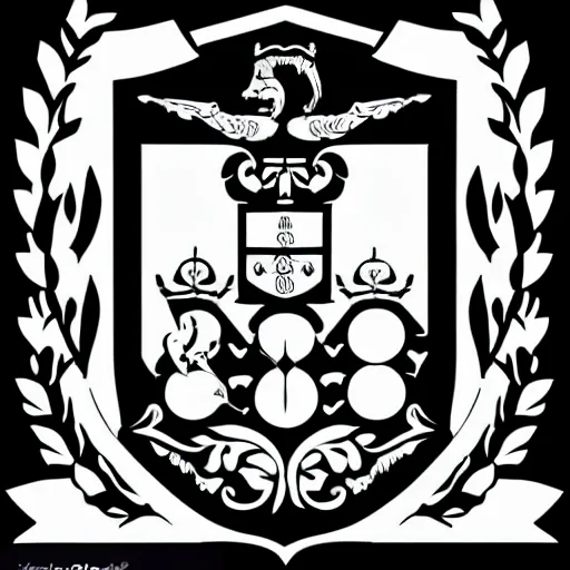 Image similar to coat of arms, simple, vector based, shield, laurel wreath, shotgun, black and white, banner