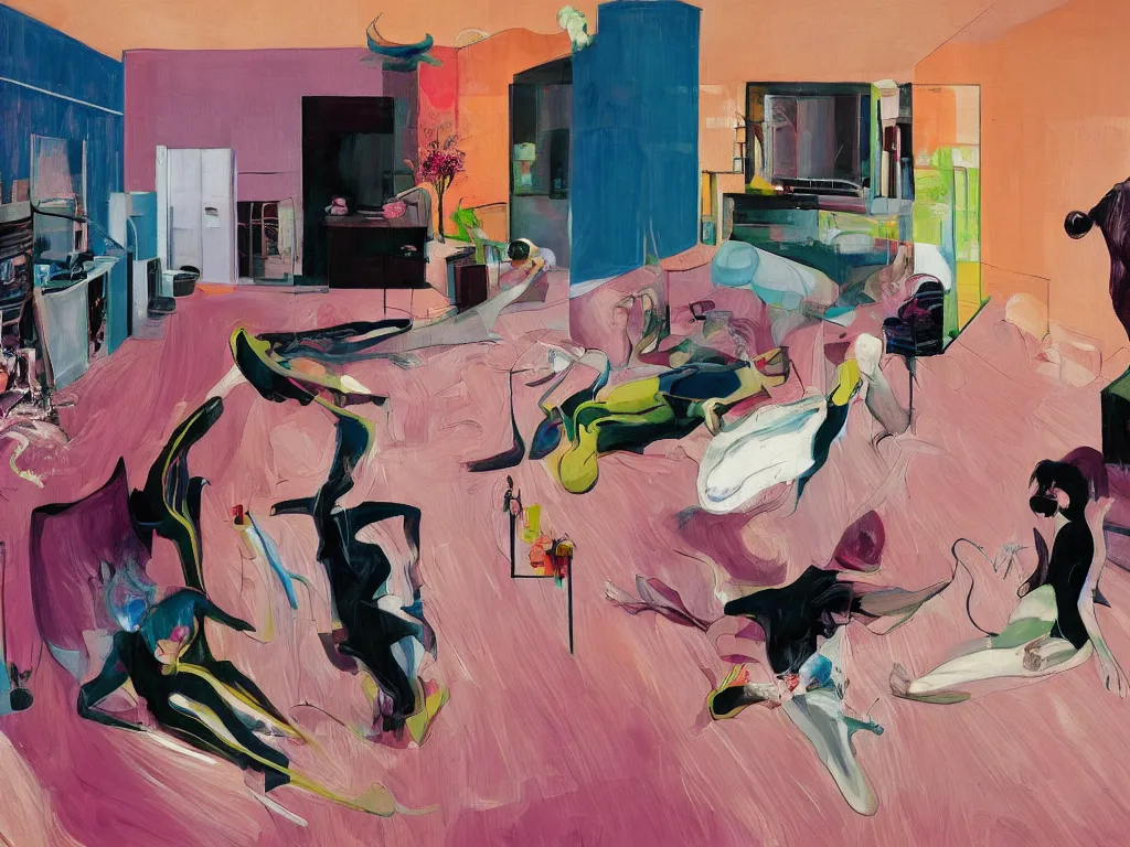 Prompt: One woman start to bounce in a living room of a house, floating dark energy surrounds the middle of the room. There is one living room plant to the side of the room, expressionist painting by francis bacon and martine johanna and moebius