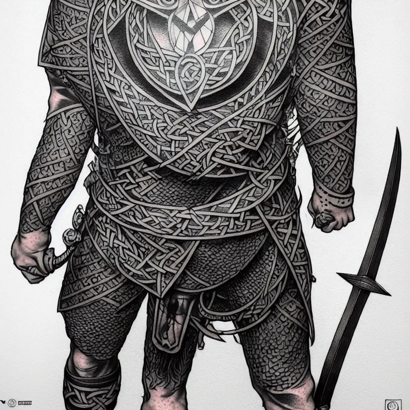 Image similar to shaded tattoo, minimalist, knotwork with center viking warrior, extremely detailed, bold line art, by vincent di fate and joe fenton and artgerm, holding shield and sword, centered, inking, etching, screen print, inkblots of color, masterpiece, trending on artstation, sharp, high contrast, hyper realistic, hd, 4 k, 8 k