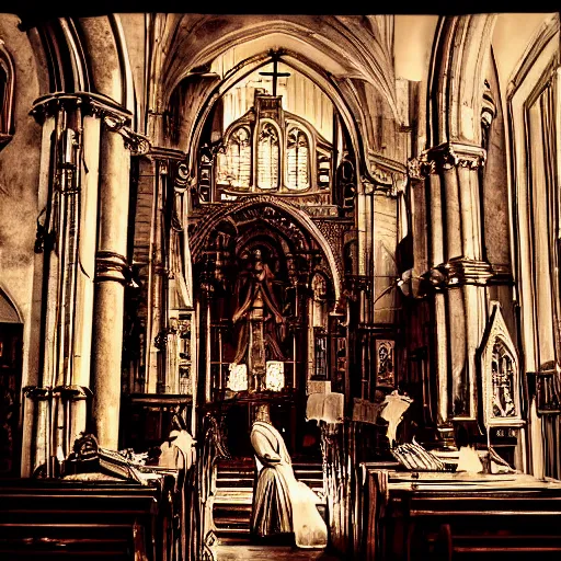 Prompt: photojournalism, old victorian photo, atmospheric, Victorian, Terminator machine skeleton people praying in church made of impossible geometry, colorful