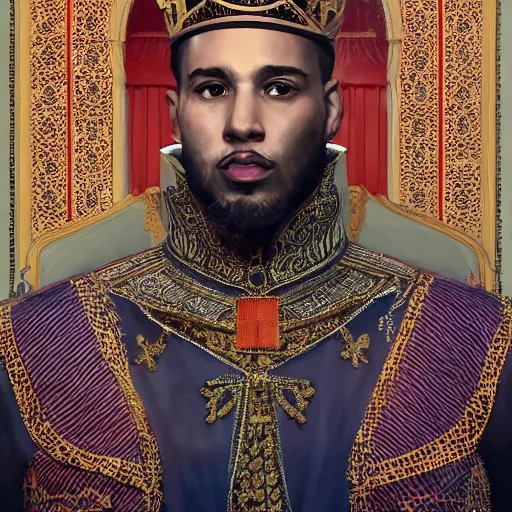 Prompt: clear portrait of king of morocco having a rap battle, cottagecore!!, detroit hood background hyper detailed, character concept, full body, dynamic pose, elegant, intricate, highly detailed, digital painting, artstation, concept art, smooth, sharp focus, illustration, art by artgerm and greg rutkowski and alphonse mucha