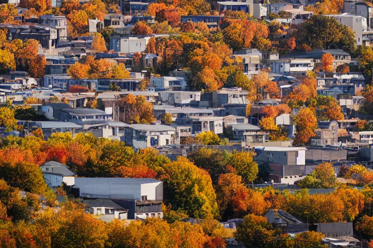 Image similar to warehouses on either side of a street, with an autumn hill directly behind, radio tower. Lens compression, photography, highly detailed