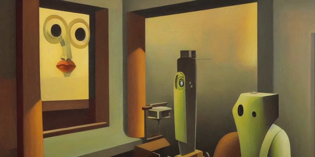 Image similar to super - intelligent robot with kind eyes portrait, grant wood, pj crook, edward hopper, oil on canvas