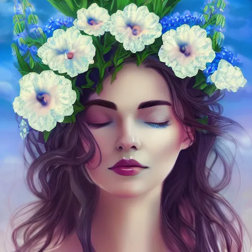 Image similar to a picture of a dreaming woman with flowers grow out of hair, roses peonies forget-me-nots dahlias lupins gladioli, sky theme in background, Digital Art, Trending on artstation