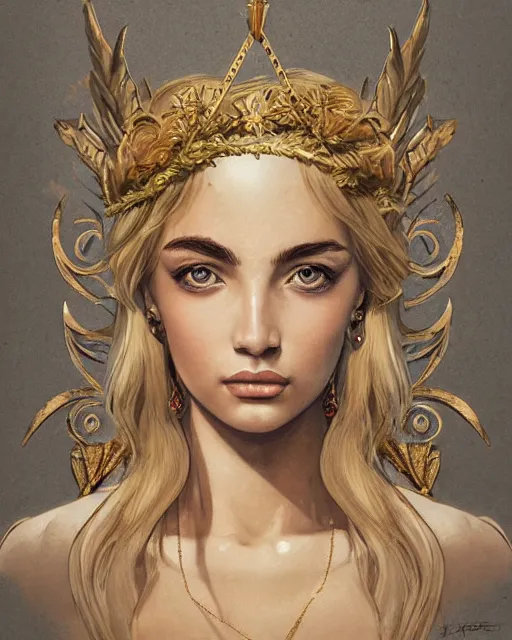 Image similar to front view of beautiful aphrodite greek goddess wearing a gold laurel wreath and triangle earrings, realism tattoo sketch, beautiful piercing eyes with sharp pupils, beautiful blonde hair, in the style of greg rutkowski, fantasy, amazing detail, epic, elegant, smooth, sharp focus