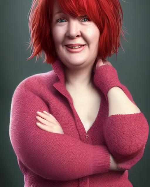 Image similar to portrait of happy short and plump 5 0 - year - old woman with red hair and, kind face, round face, short hair, wearing in cardigan, hyper realistic face, beautiful eyes, character art, art by mark brooks, hyperdetailed, cryengine, trending on artstation, digital art