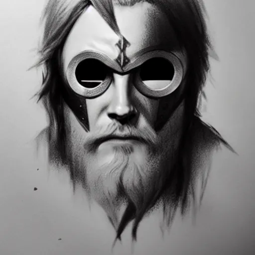 Image similar to One-eyed Odin, eyepatch, charcoal portrait, artstation, fine-detailed