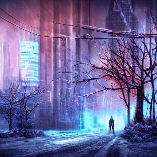 Image similar to mystic winter landscape, cyberpunk, vivid colors, post apocalyptic