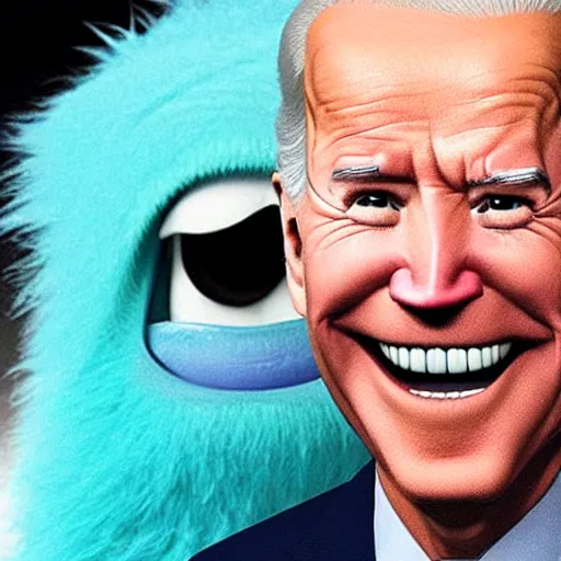 Image similar to Joe Biden is a happy monster with huge teeth in the movie Monsters Inc::several people are watching him laughing