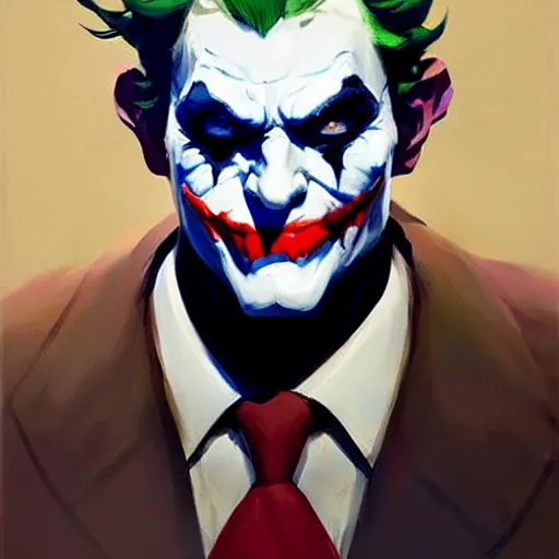 Image similar to Greg Manchess portrait painting of Joker as Overwatch character, medium shot, asymmetrical, profile picture, Organic Painting, sunny day, Matte Painting, bold shapes, hard edges, street art, trending on artstation, by Huang Guangjian and Gil Elvgren and Sachin Teng