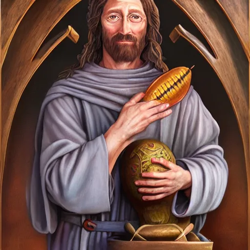 Image similar to a detailed fantasy character painting of Bill gates holding a giant cricket, dressed like Jesus Christ, by lauri blank, artgerm, evelyn de morgan, 8K, 50mm lens