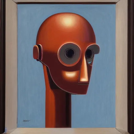 Image similar to super - intelligent robot with kind eyes portrait, grant wood, pj crook, edward hopper, oil on canvas