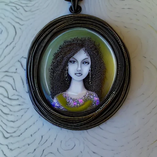 Image similar to beautiful female portrait, made of 3 d swirls, inner glow, symmetric face, flowing curly hair, under the moonlight, gemstone necklace, by wlop