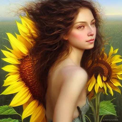 Prompt: a girl slowly walking through amazing tall sunflower field, hair flowing, early morning lighting, elegant, subtle, intricate details, beautiful face!, real masterpiece, oil on canvas, by karol bak, ayami kojima, artgerm, smile, concept art, fantasy