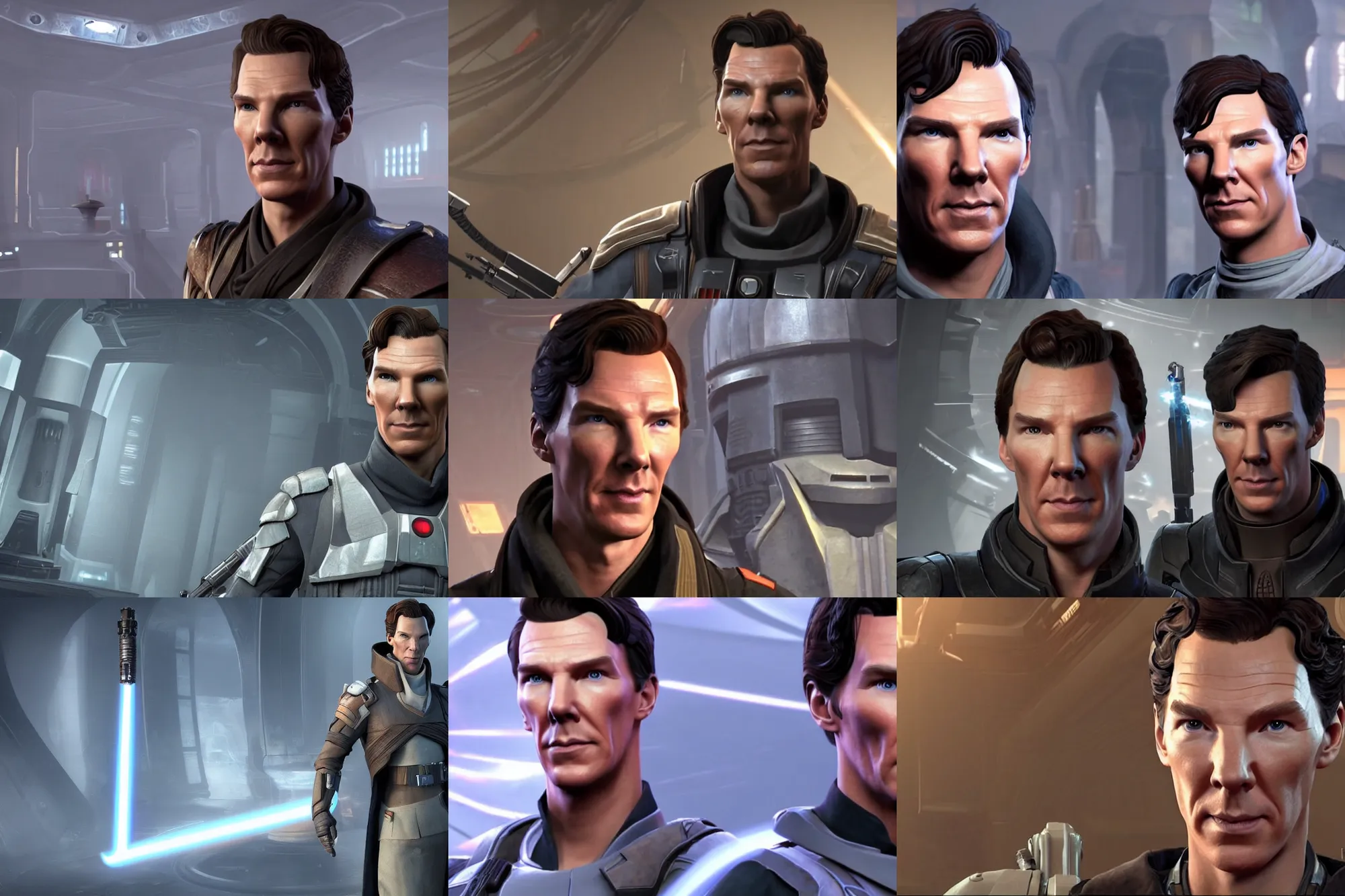 Prompt: a screenshot of benedict cumberbatch in the video game jedi fallen order. 3 d rendering. unreal engine. amazing likeness. very detailed. cartoon caricature.