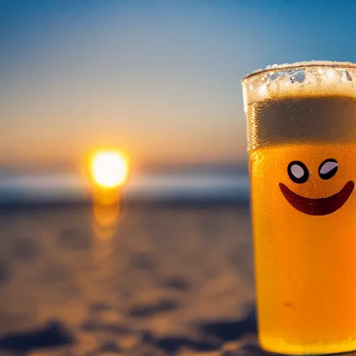 Image similar to a happy crab holding a beer in a beach, golden hour, bokeh, 4k