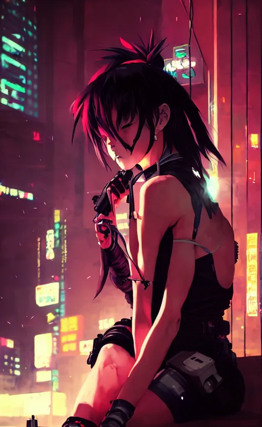 Image similar to cyberpunk anime girl sit in a night bar, cyberpunk oni mask, 3 / 4 shot, street night, beautiful face, grafity, arcane, action, detail, good face, pose model, concept art, in style of yoji shinkawa, pan ren wei, col price, atey ghailan, by greg rutkowski, aesthetic, digital painting