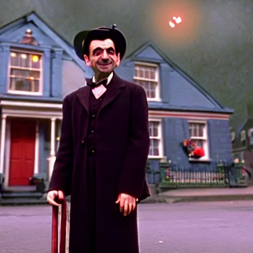 Image similar to mr bean as mary poppins. movie still. cinematic lighting.