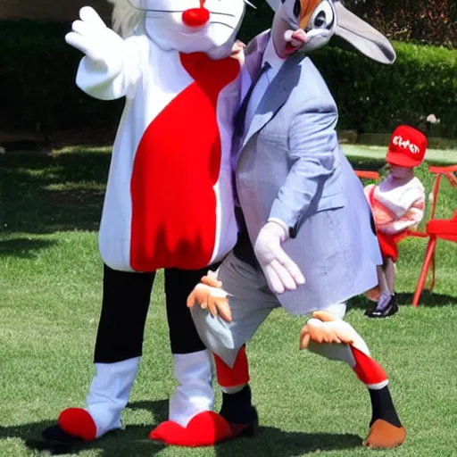 Image similar to Donald trump dressed as bugs bunny spying on children at a birthday party