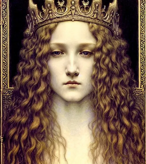 Image similar to detailed realistic beautiful young medieval queen face portrait by jean delville, gustave dore and marco mazzoni, art nouveau, symbolist, visionary, gothic, pre - raphaelite. horizontal symmetry