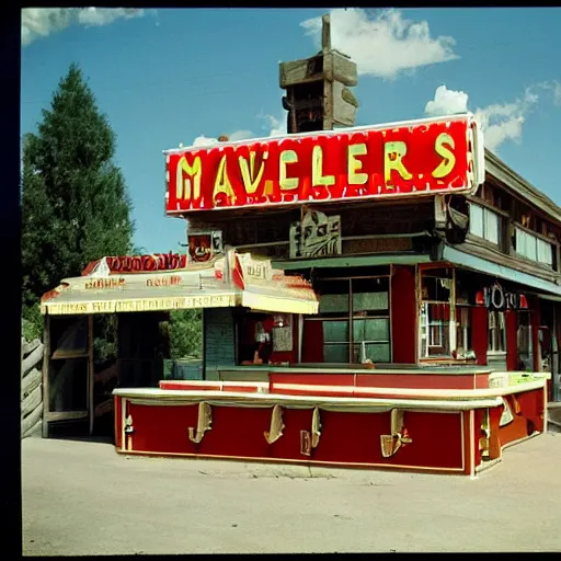 Image similar to kodachrome color photograph of a medieval tavern that is also a 1 9 5 0 s drive - in diner with neon signs, fantasy, medieval, americana, european architecture