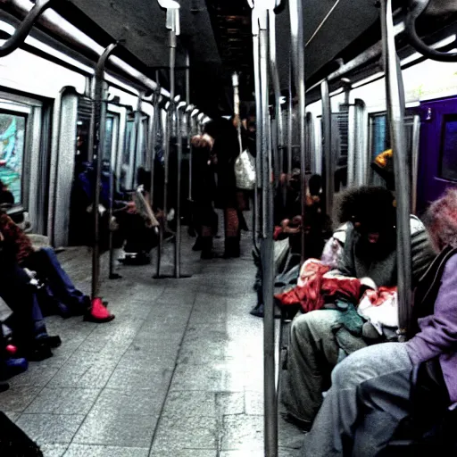 Image similar to homeless lord beerus, 1980s new york subway