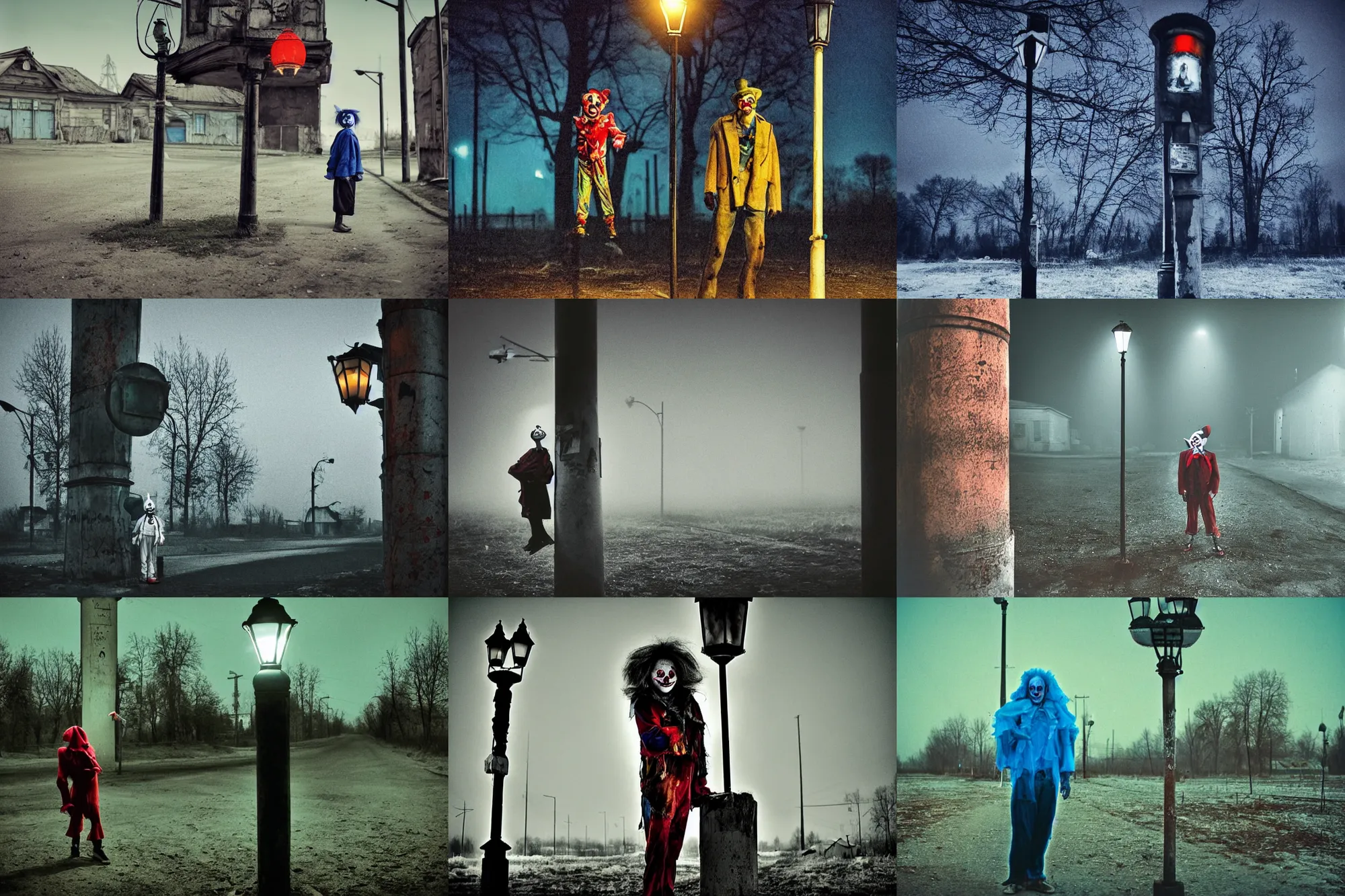 Prompt: a thin scary clown in torn clothes stands under a lamppost that shines a blue light on the clown, pitch darkness around the post, everything happens in an old Soviet village, the photo was taken from afar, Colourful, Cinematic, filmic, 35mm, dark atmosphere, horror, scary, Wildlife photography