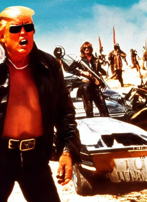 Prompt: an 8 0's john alvin action movie poster starring donald trump mad max. sunglasses.