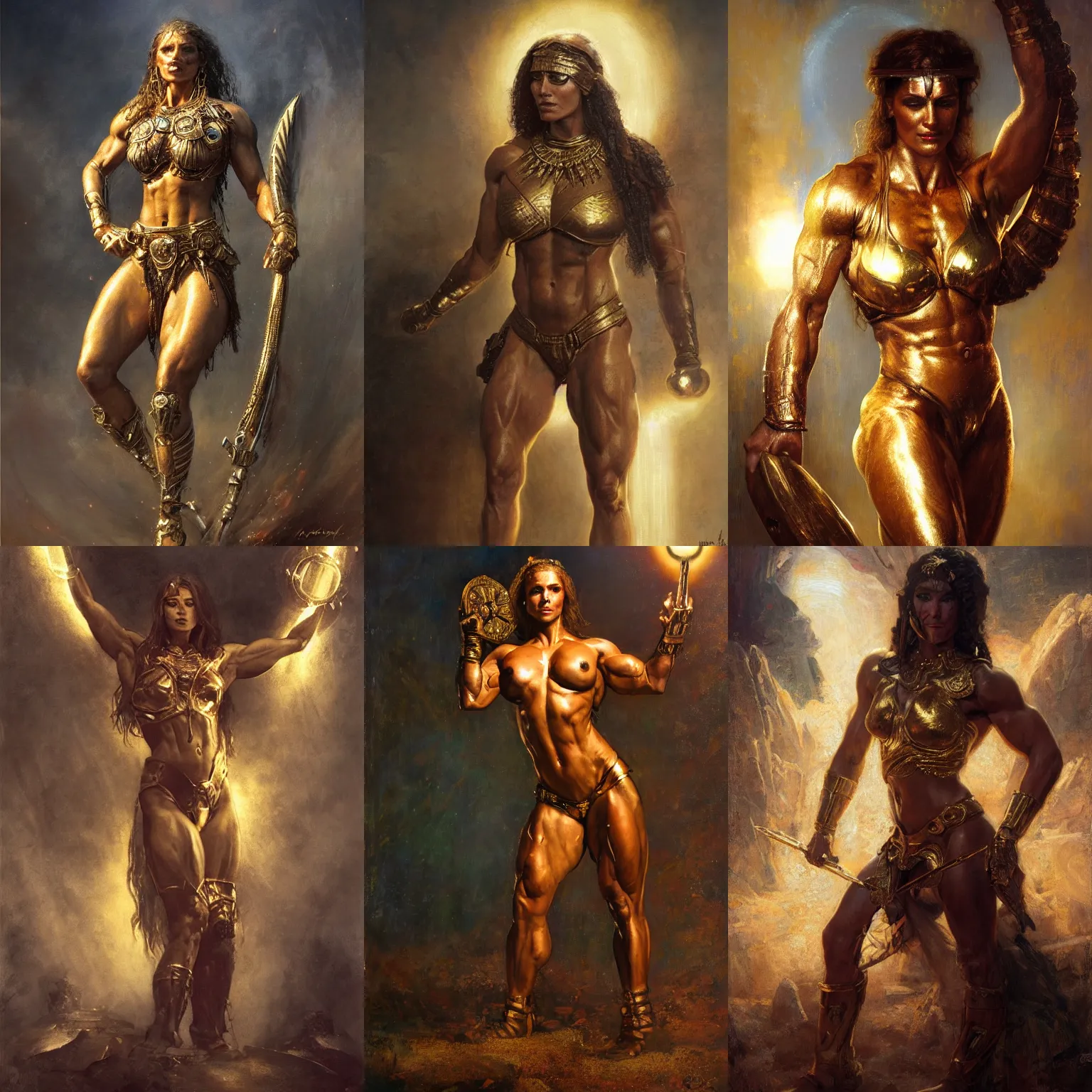 Prompt: handsome portrait of a spartan woman bodybuilder posing, radiant light, caustics, war hero, psychedelic dmt, by gaston bussiere, bayard wu, greg rutkowski, giger, maxim verehin, golden halo, simple golden armour,