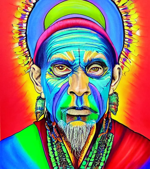 Prompt: Portrait painting in a style of Alex Grey of an old shaman dressed in a colorful traditional clothes. Psychodelic