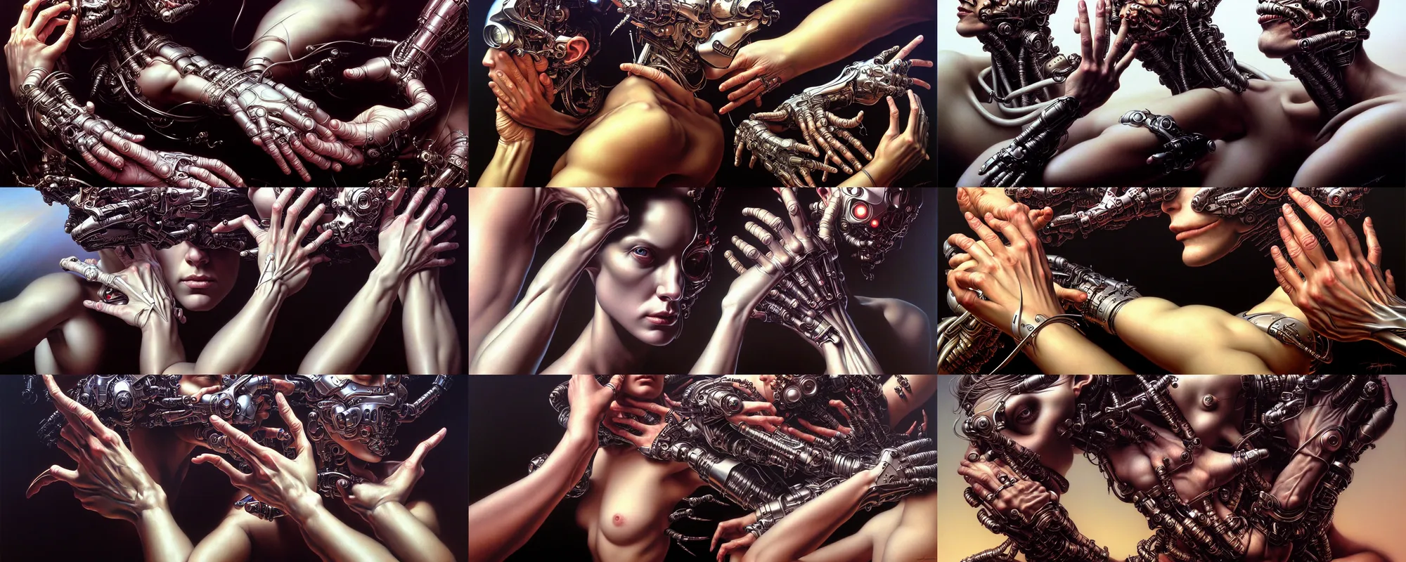 Prompt: human hand fantasy art portrait, ultra realistic, cinematic, wide angle, intricate details, cyborg, highly detailed by boris vallejo, caravaggio, aaron horkey, wayne barlowe, craig mullins, roberto ferri, hajime sorayama