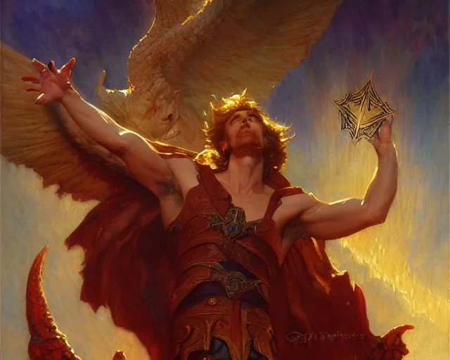 Image similar to attractive male deity, casting demonic magic, summoning handsome lucifer morning star. highly detailed painting by gaston bussiere, craig mullins, j. c. leyendecker 8 k