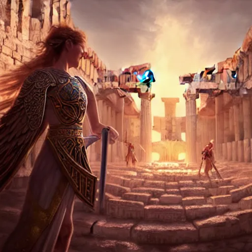 Image similar to An illustrationof a portrait of a Knights of Zodiac girl, wings, fighting at ancinet Agora of Athens, ruins, Golden Light, illustration, art by WLOP, NIXEU and greg rutkowski, volumetric light, lightrays, smoke, cinematic, intricate, hypermaximalist, super detailed